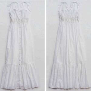 Aerie Lace Crochet Strappy Pearl Button Down Gauze Tiered White Maxi Dress S NWT